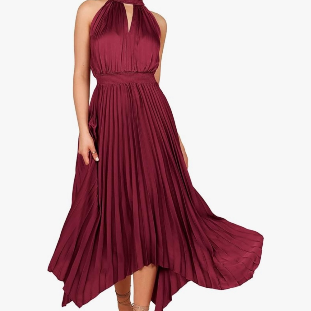 Red Asymmetrical Pleated High-Low Halter Dress